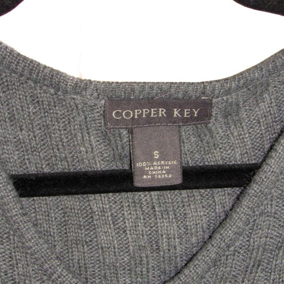 Copper Key Grey Sweater with striped cuffs Small Unique Sleeves form-fitting - Picture 3 of 11